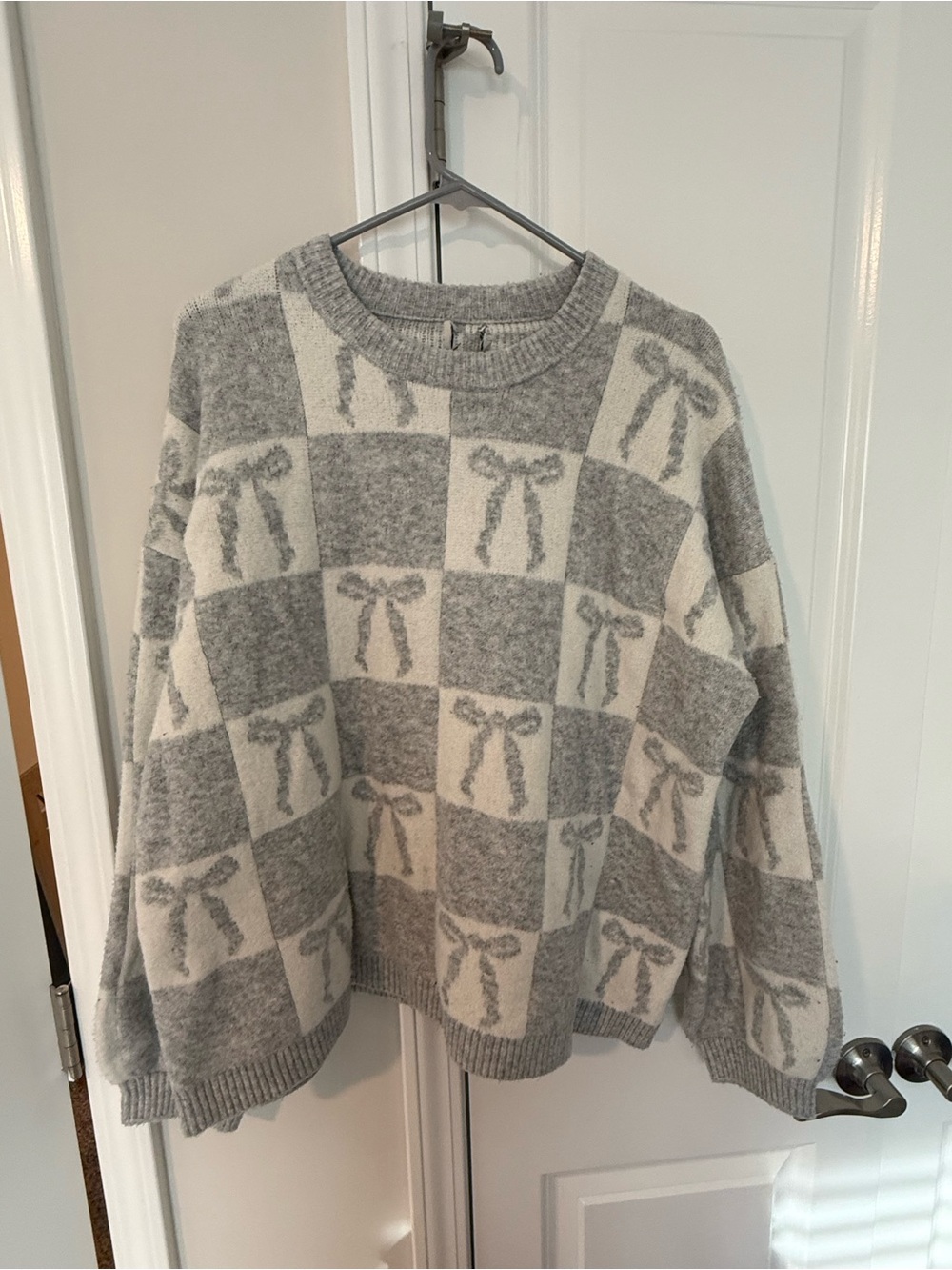 a new day Gray & Cream Checker Bow Crewneck Sweater